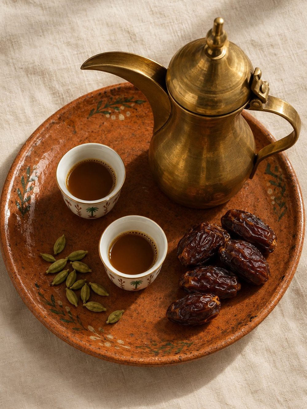 دلّة نحاسية وفنجانان من القهوة العربية مع حبّات هيل وتمر على طبق فخاري